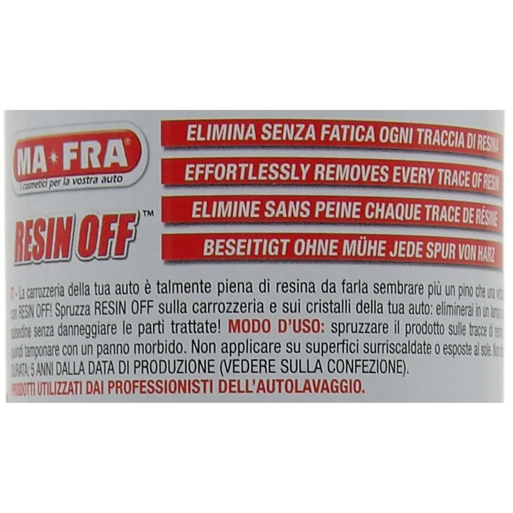 MA-FRA Bomboletta Spray RESIN OFF, Elimina Senza Fatica Ogni Traccia Di Resina Cristallizzata e Salsedine Dalla Carrozzeria, Senza Danneggiare Le Parti Trattate 250ml
