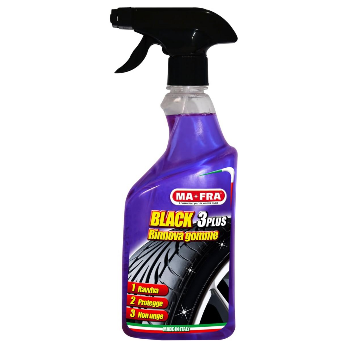 Ma-Fra, Black 3Plus, Spray Rinnova e Lucida Gomme, Protettore Ruote Auto, Non Unge e non Lascia Aloni, 500ml