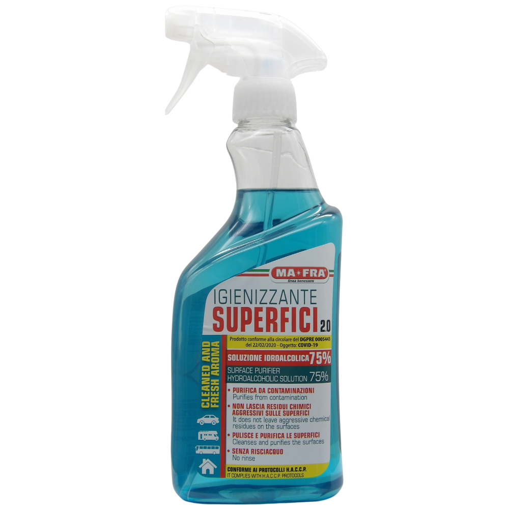 MA-FRA Detergente Spray IGIENIZZANTE SUPERFICI 2.0, Soluzione Idroalcolica 75%. Rimuove Germi e Batteri, Purifica Da Contaminazioni, Non Lascia Residui Chimici Aggressivi Sulle Superfici 500ml
