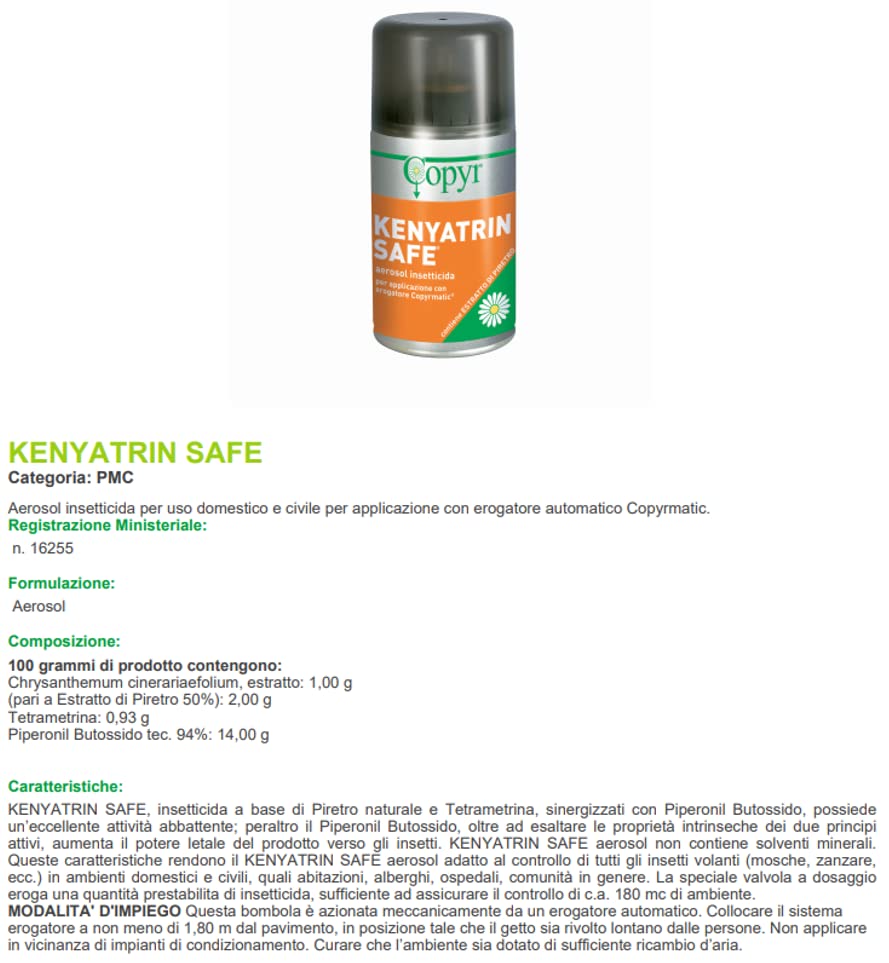 Copyr Kenyatrin Safe - Insetticida Antizanzare, Mosche e Insetti Volanti, Bombola 250ml, Piretro Insetticida Biologico Repellente Zanzare Professionale Casa, Ho.Re.Ca., Settore Pubblico, Sanitario