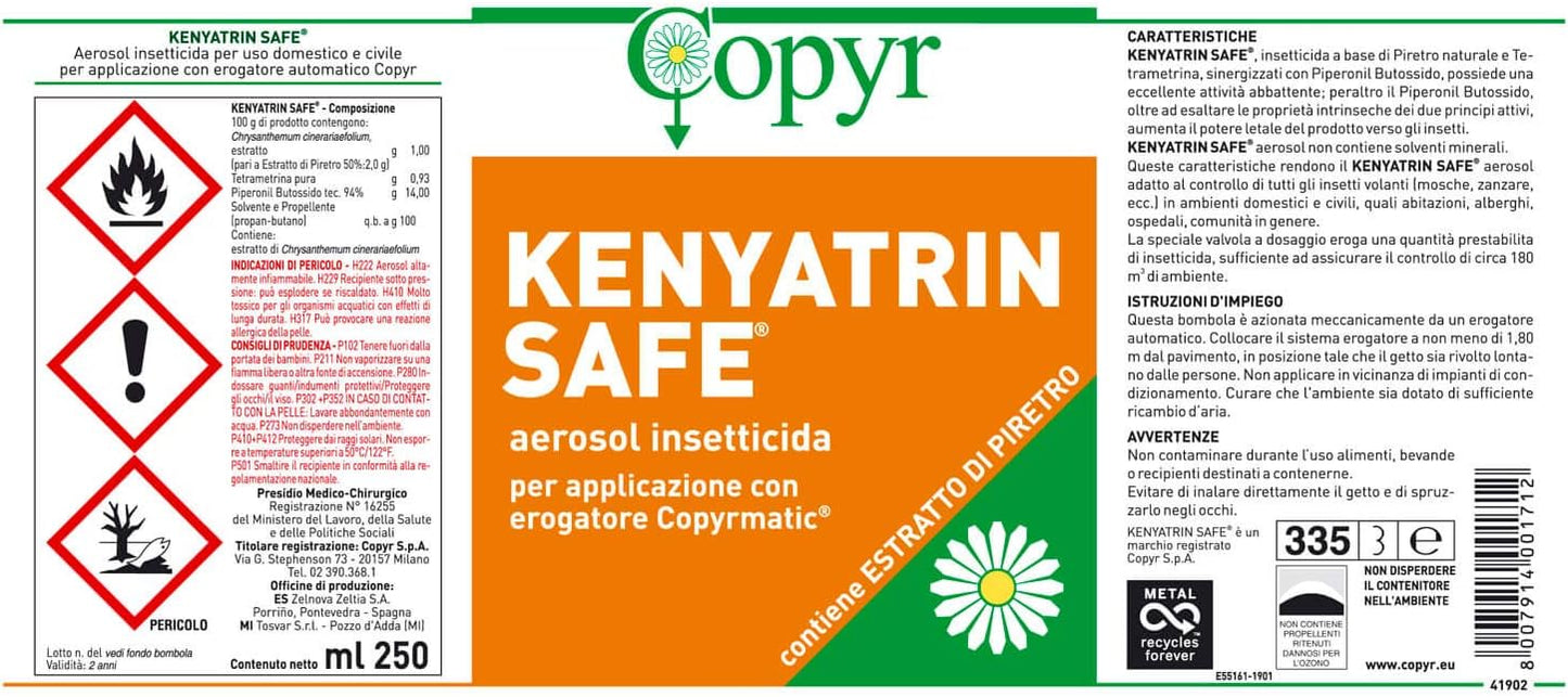 Copyr Kenyatrin Safe - Insetticida Antizanzare, Mosche e Insetti Volanti, Bombola 250ml, Piretro Insetticida Biologico Repellente Zanzare Professionale Casa, Ho.Re.Ca., Settore Pubblico, Sanitario