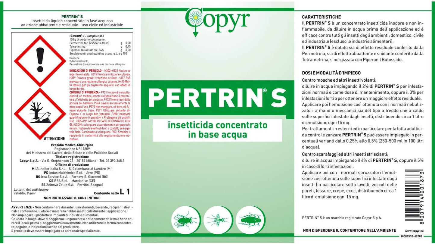 COPYR Pertrin S - Insetticida Concentrato Multisetto per Insetti Volanti e Striscianti, Ambienti Domestico, Civile e Industriale, Elevato Potere Abbattente e Snidante, 1 LT