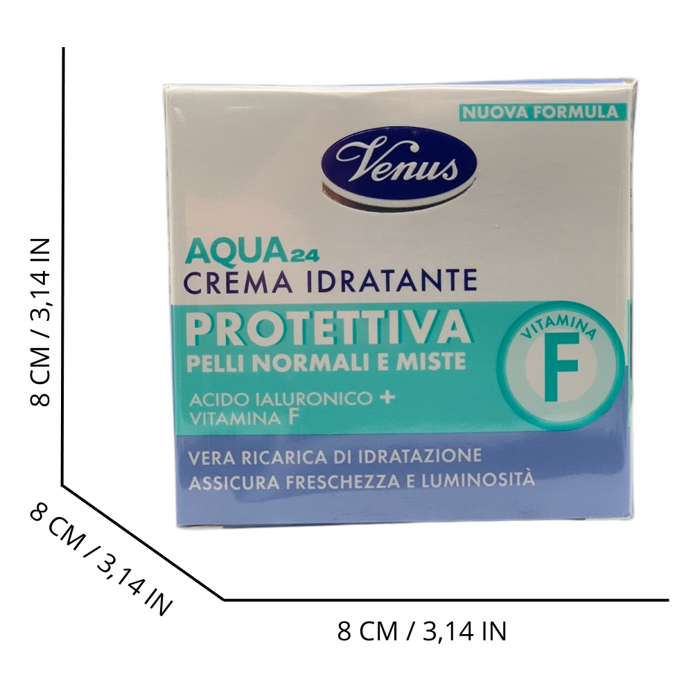 VENUS Crema Viso Idratante AQUA24, Protettiva. Per Pelli Normali e Miste, Con Vitamina F e Acido Ialuronico. Vera Ricarica Di Idratazione, Assicura Freschezza e Luminosità 50ml