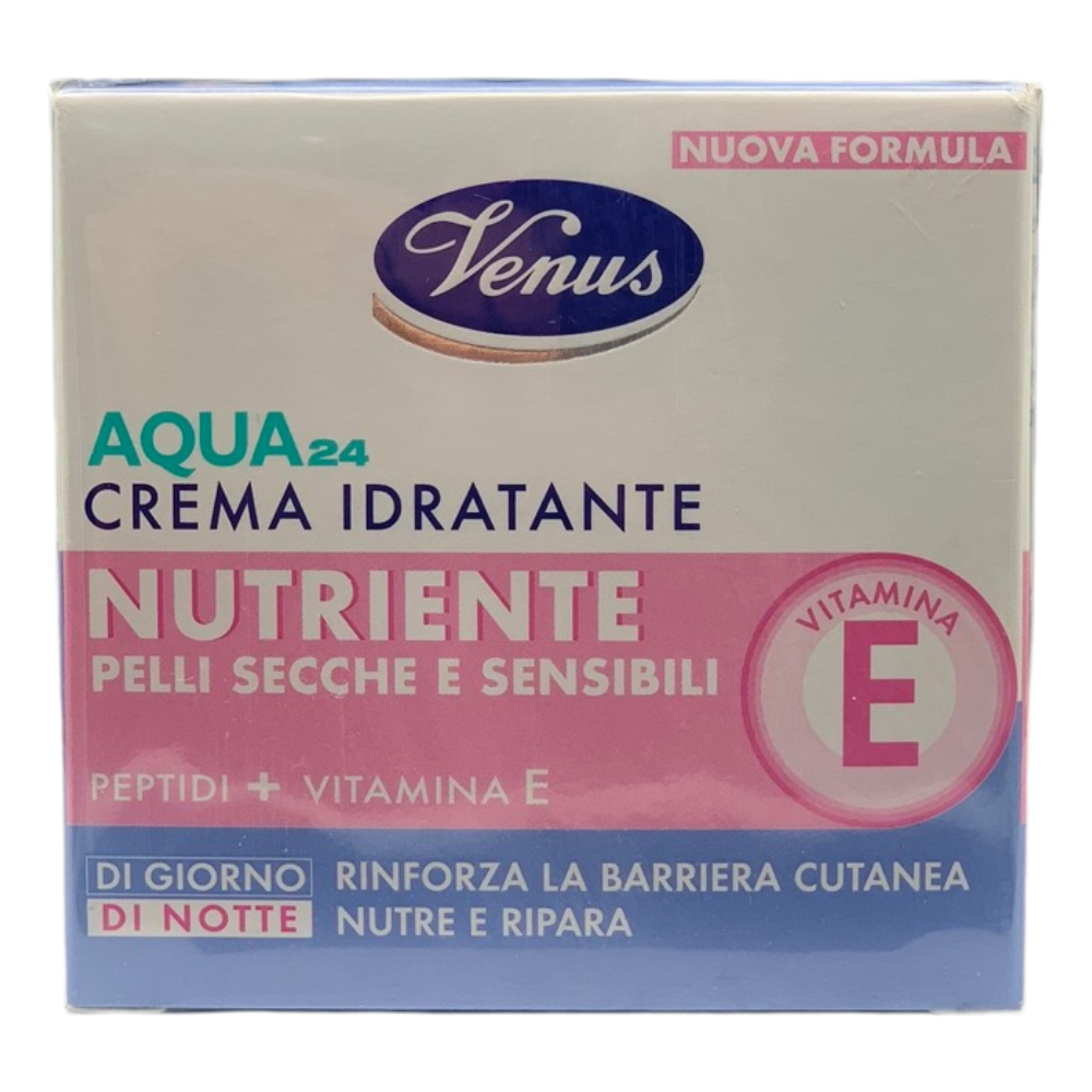 VENUS Crema Idratante Viso AQUA24 NUTRIENTE, Per Pelli Secche e Sensibili. Con Peptidi e Vitamina E. Rinforza La Barriera Cutanea, Nutre e Ripara. Una Sinergia Giorno e Notte 50ml