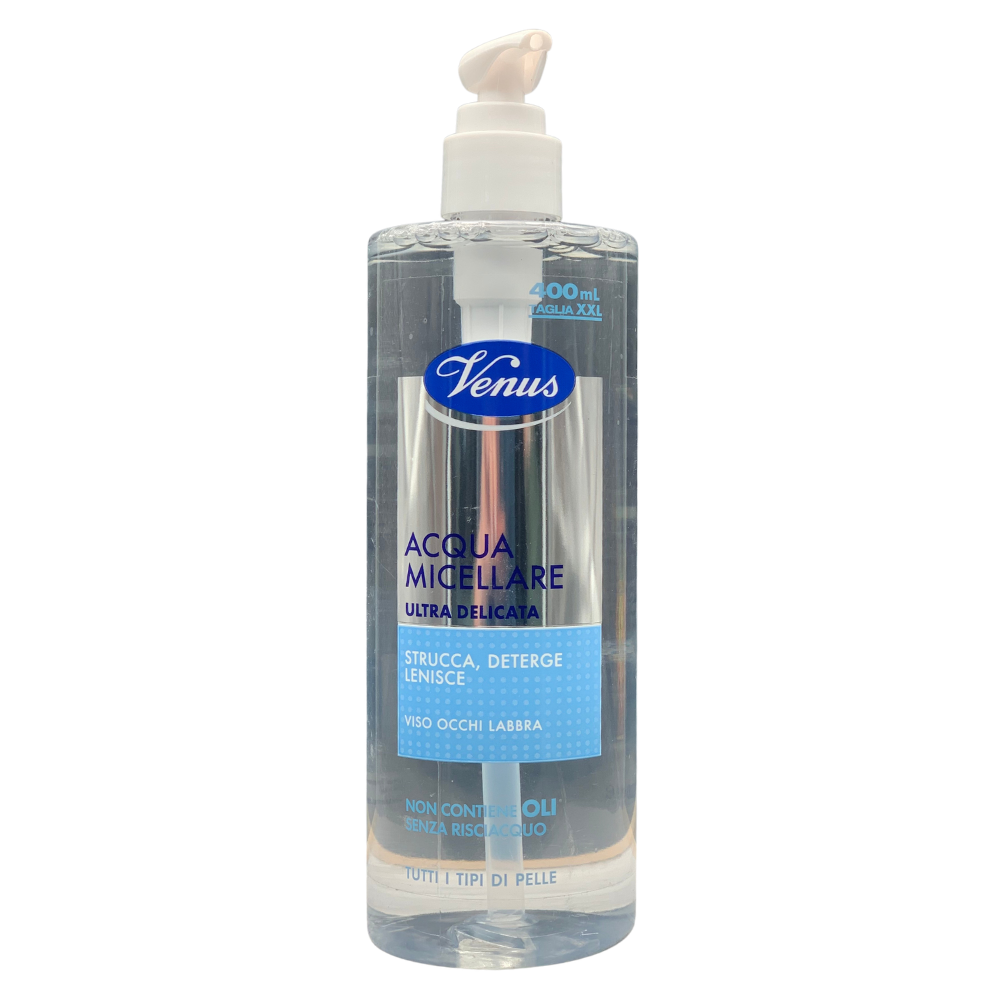 VENUS Acqua Micellare Ultra Delicata. Strucca, Deterge e Lenisce. Per Viso, Occhi e Labbra. Non Contiene Oli, Senza Risciacquo, Per Tutti i Tipi Di Pelle 400ml