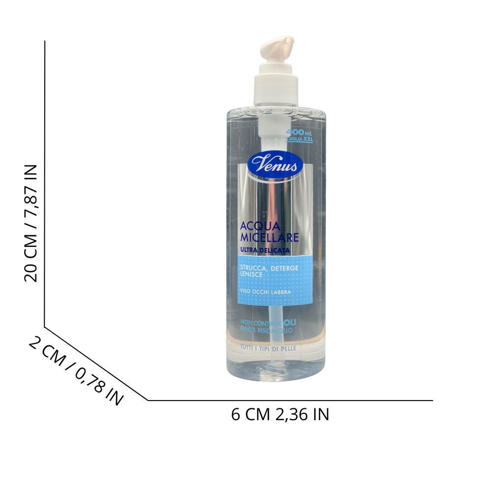 VENUS Acqua Micellare Ultra Delicata. Strucca, Deterge e Lenisce. Per Viso, Occhi e Labbra. Non Contiene Oli, Senza Risciacquo, Per Tutti i Tipi Di Pelle 400ml