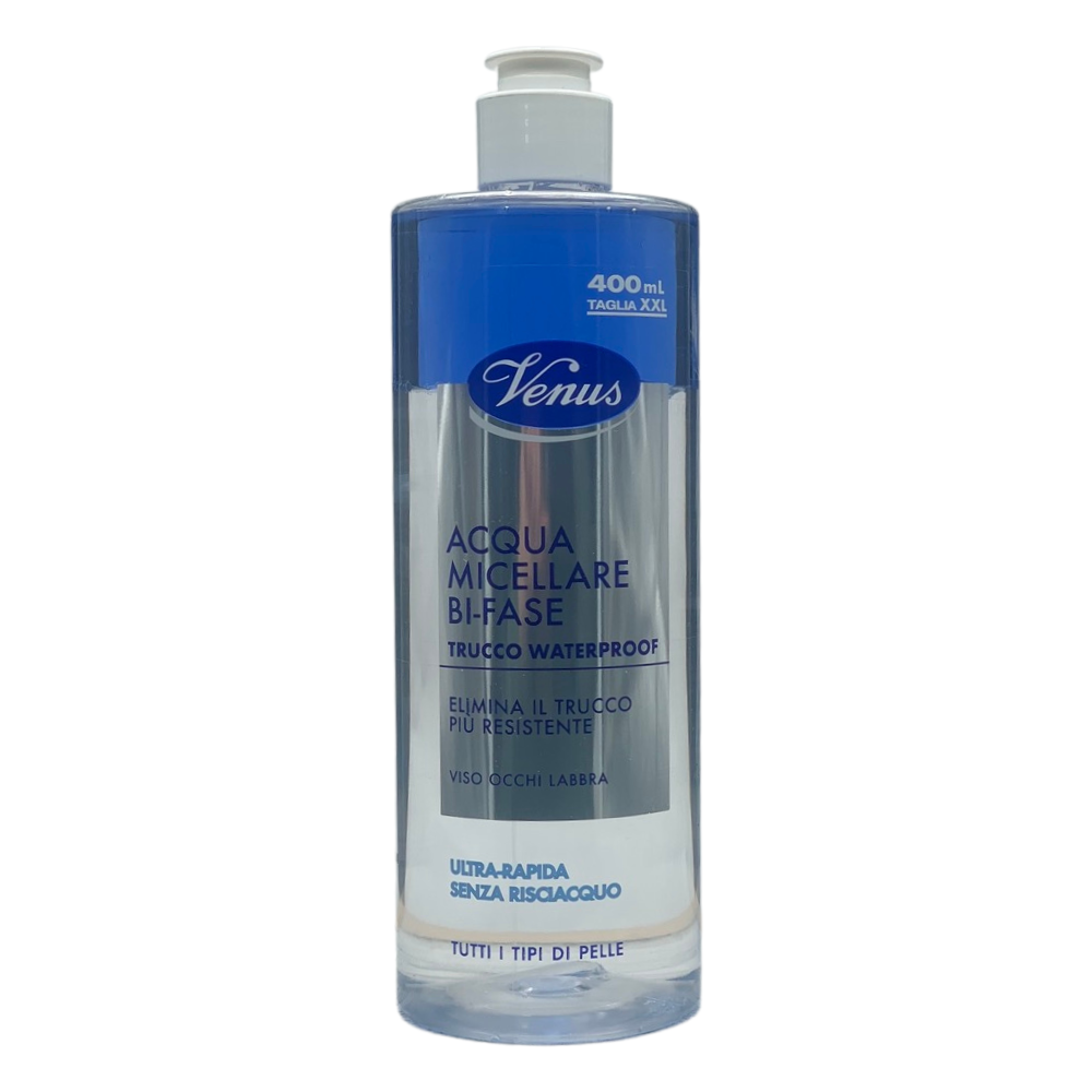VENUS Acqua Micellare BI-FASE, Per Trucco Waterproof. Per Viso, Occhi e Labbra. Ultra Rapida, Senza Risciacquo, Per Tutti i Tipi Di Pelle 400ml