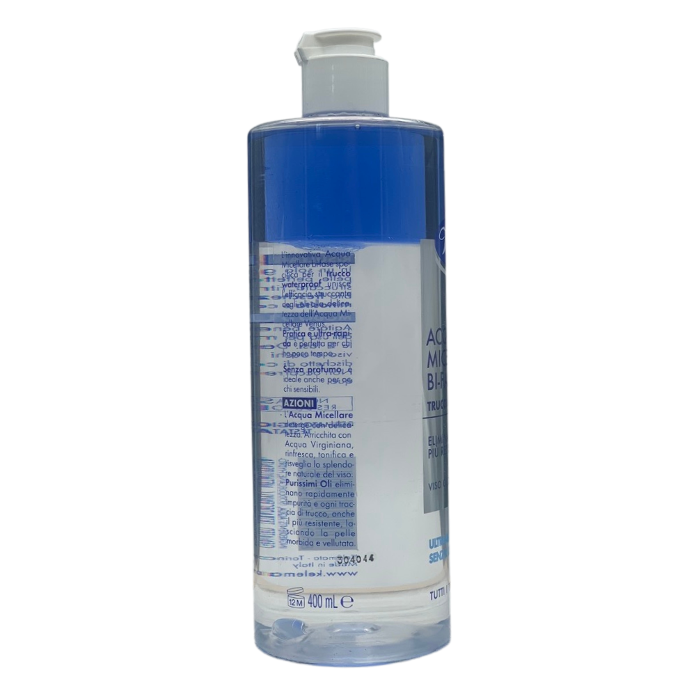 VENUS Acqua Micellare BI-FASE, Per Trucco Waterproof. Per Viso, Occhi e Labbra. Ultra Rapida, Senza Risciacquo, Per Tutti i Tipi Di Pelle 400ml