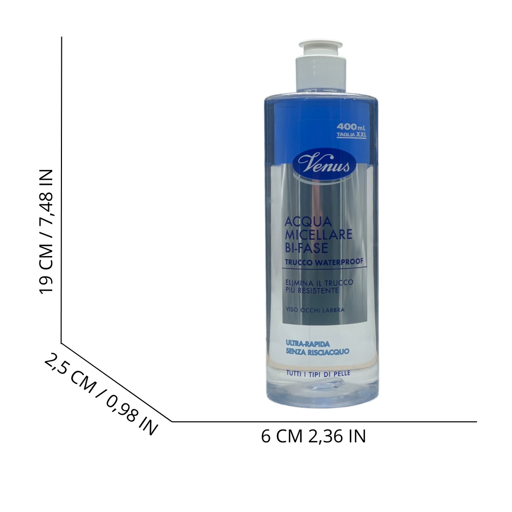 VENUS Acqua Micellare BI-FASE, Per Trucco Waterproof. Per Viso, Occhi e Labbra. Ultra Rapida, Senza Risciacquo, Per Tutti i Tipi Di Pelle 400ml