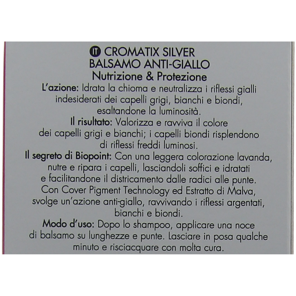 BIOPOINT Balsamo Anti-Giallo CROMATIX SILVER, Nutrizione e Protezione. Per Capelli Bianchi, Grigi e Biondi. Con Cover Pigment Technology Ed Estratto Di Malva 150ml