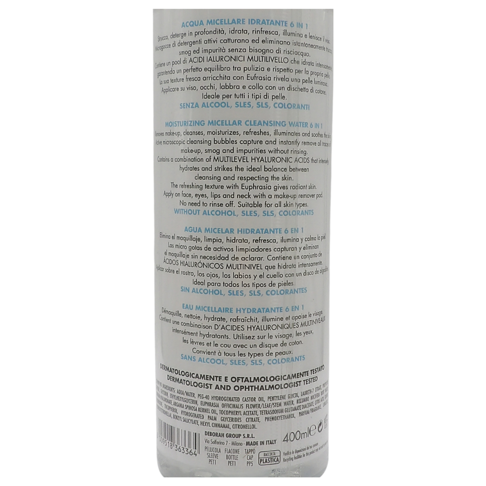 DERMOLAB Acqua Micellare Idratante 6 in 1, per Tutti i Tipi di Pelle, con Acido Ialuronico ed Eufrasia, Effetto Idratante e Luminoso, Deterge in Profondità,