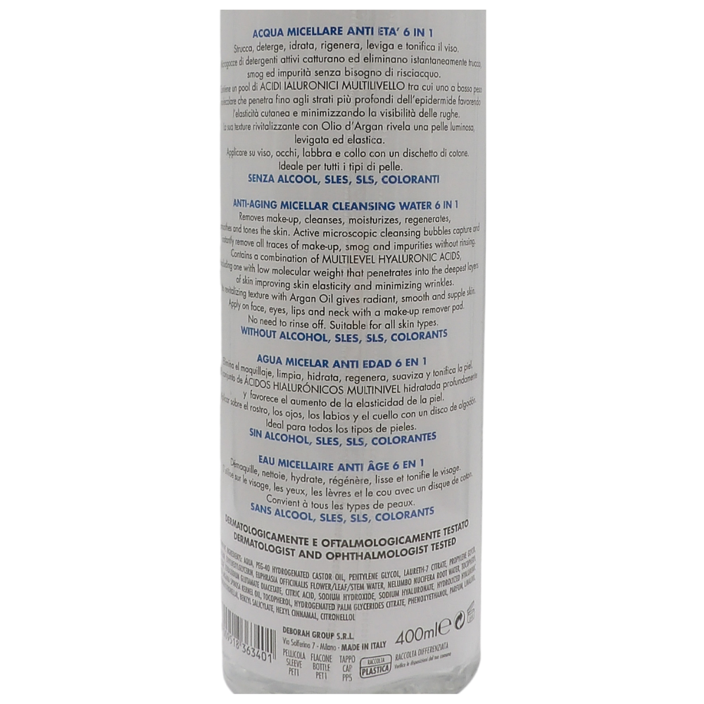 DERMOLAB Acqua Micellare Struccante Viso Antiage 6 in 1, con Pool di Acido Ialuronico e Olio di Argan, Deterge e Nutre in Profondità, 400ml