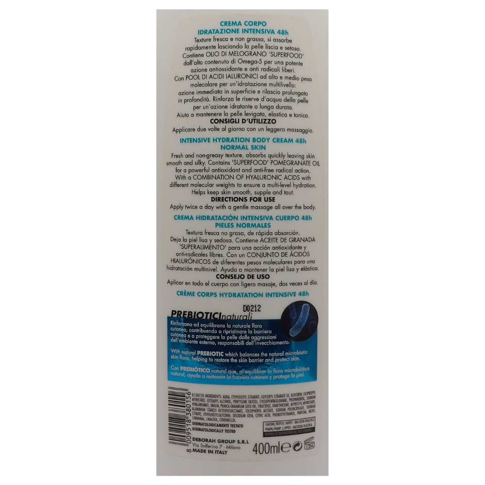 DERMOLAB Crema Corpo IDRATANTE INTENSIVA 48H. Con Melograno, Superfood Ricco Di Acidi Grassi, Omega-5. Azione Antiossidante e Anti Radicali Liberi 400ml
