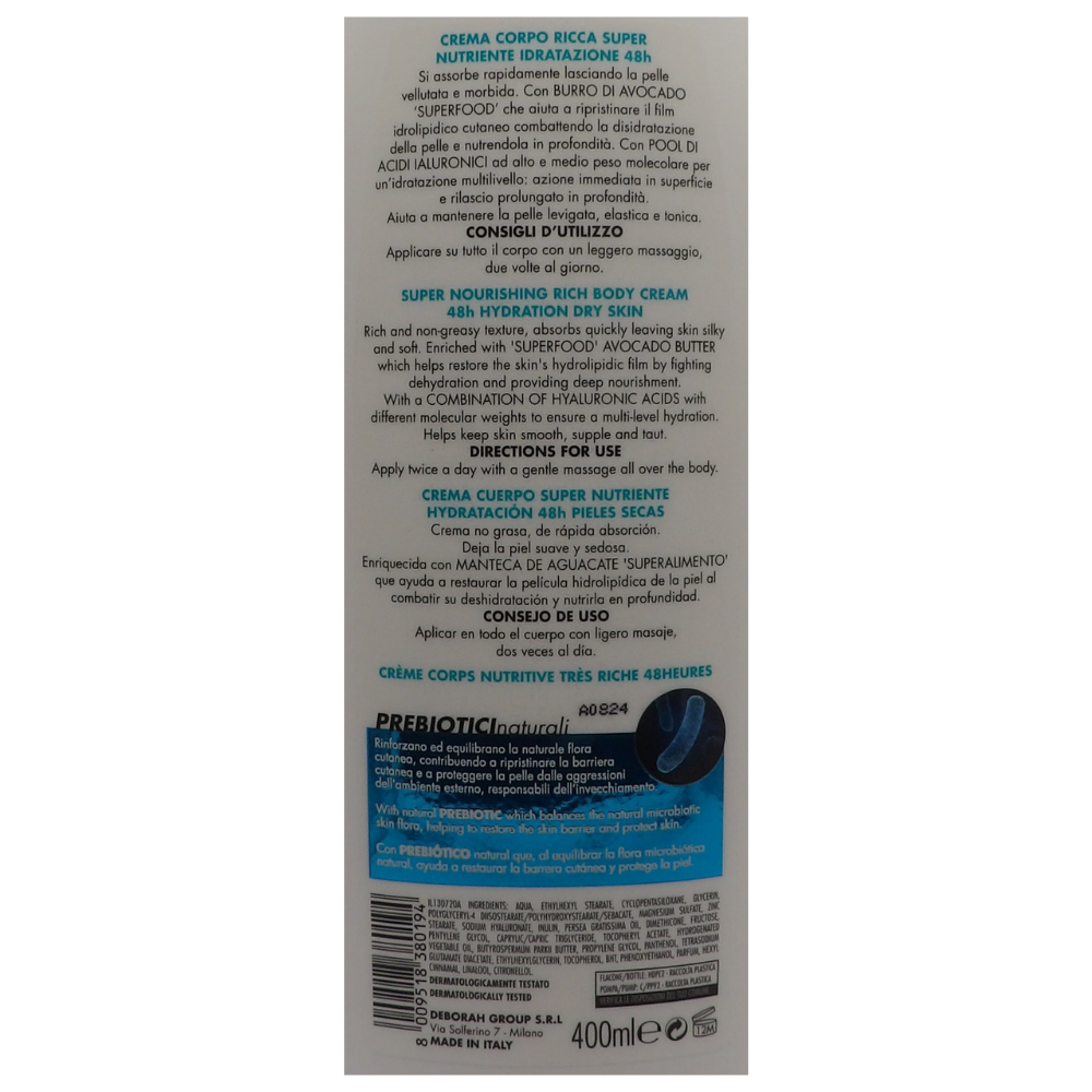 DERMOLAB Crema Corpo Ricca NUTRIENTE PROTETTIVA, Super Idratante 48h. Per Pelli Secche, Con Burro Di Avocado Superfood, Contiene Preziosi Omega 3 e Vitamine 400m