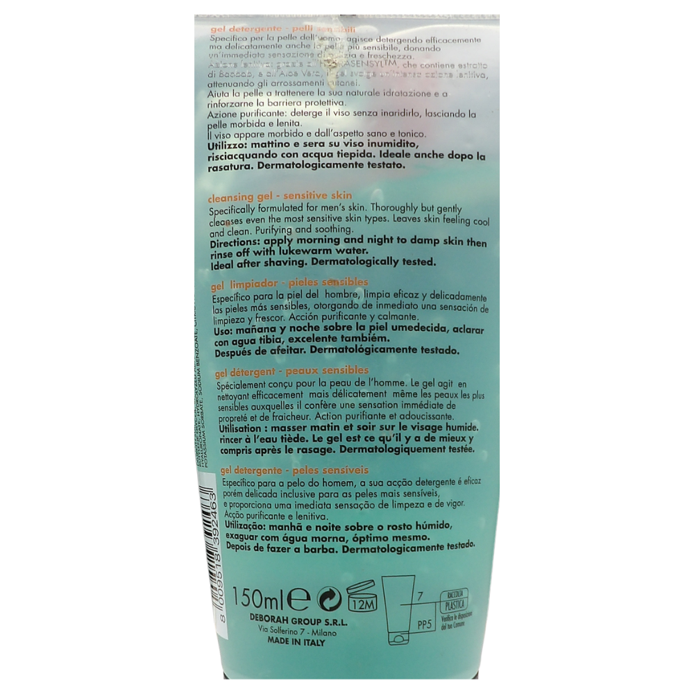 DERMOLAB UOMO Gel Detergente Viso, per Pelli Sensibili, con Aloe Vera e Acido Ialuronico, Effetto Purificante e Lenitivo, Rinforza la Barriera Protettiva, Dermatologicamente Testato, 150 ml