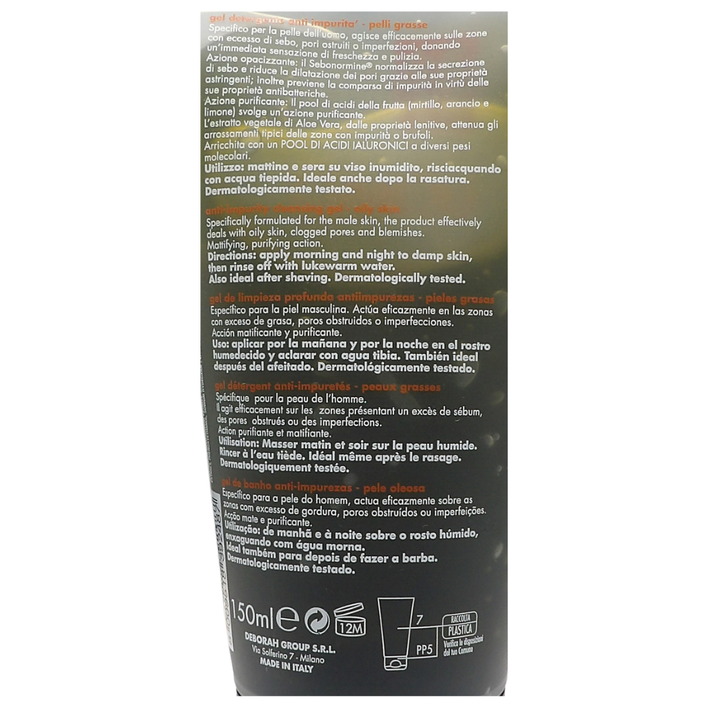 DERMOLAB UOMO Gel Detergente Anti Impurità, per Pelli Grasse, con Pool di Acidi della Frutta e Ialuronici, Effetto Purificante e Opacizzante, Dermatologicamente Testato, 150 ml