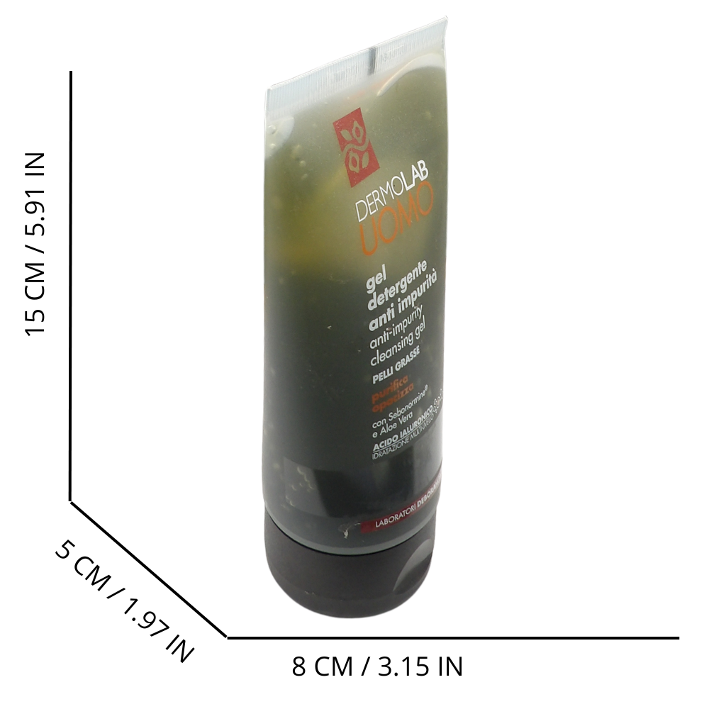 DERMOLAB UOMO Gel Detergente Anti Impurità, per Pelli Grasse, con Pool di Acidi della Frutta e Ialuronici, Effetto Purificante e Opacizzante, Dermatologicamente Testato, 150 ml