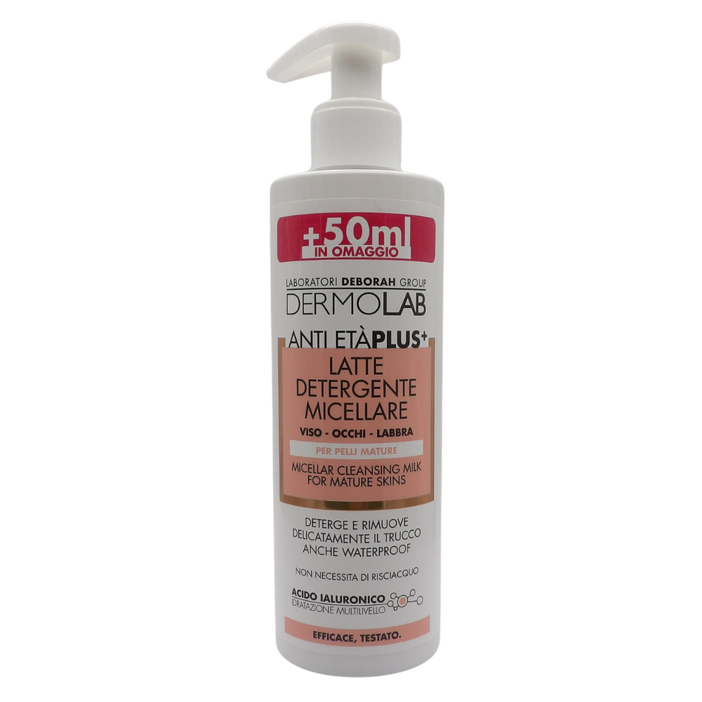 DERMOLAB Latte Detergente Viso Micellare Antiage Plus, per Pelli Mature, con Pool di Acido Ialuronico, Deterge in Profondità e Minimizza le Rughe, Dermatologicamente Testato, 200 ml