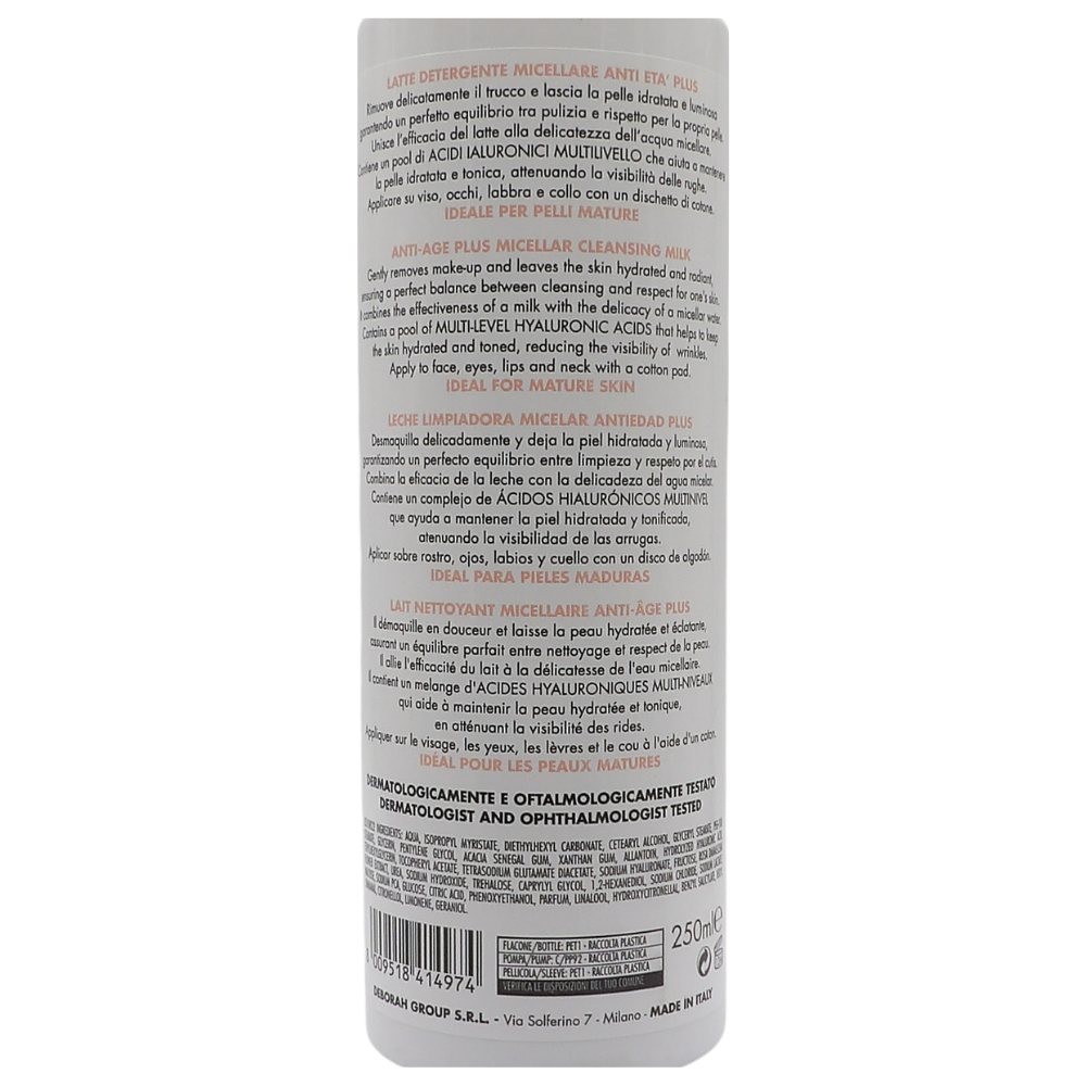 DERMOLAB Latte Detergente Viso Micellare Antiage Plus, per Pelli Mature, con Pool di Acido Ialuronico, Deterge in Profondità e Minimizza le Rughe, Dermatologicamente Testato, 200 ml