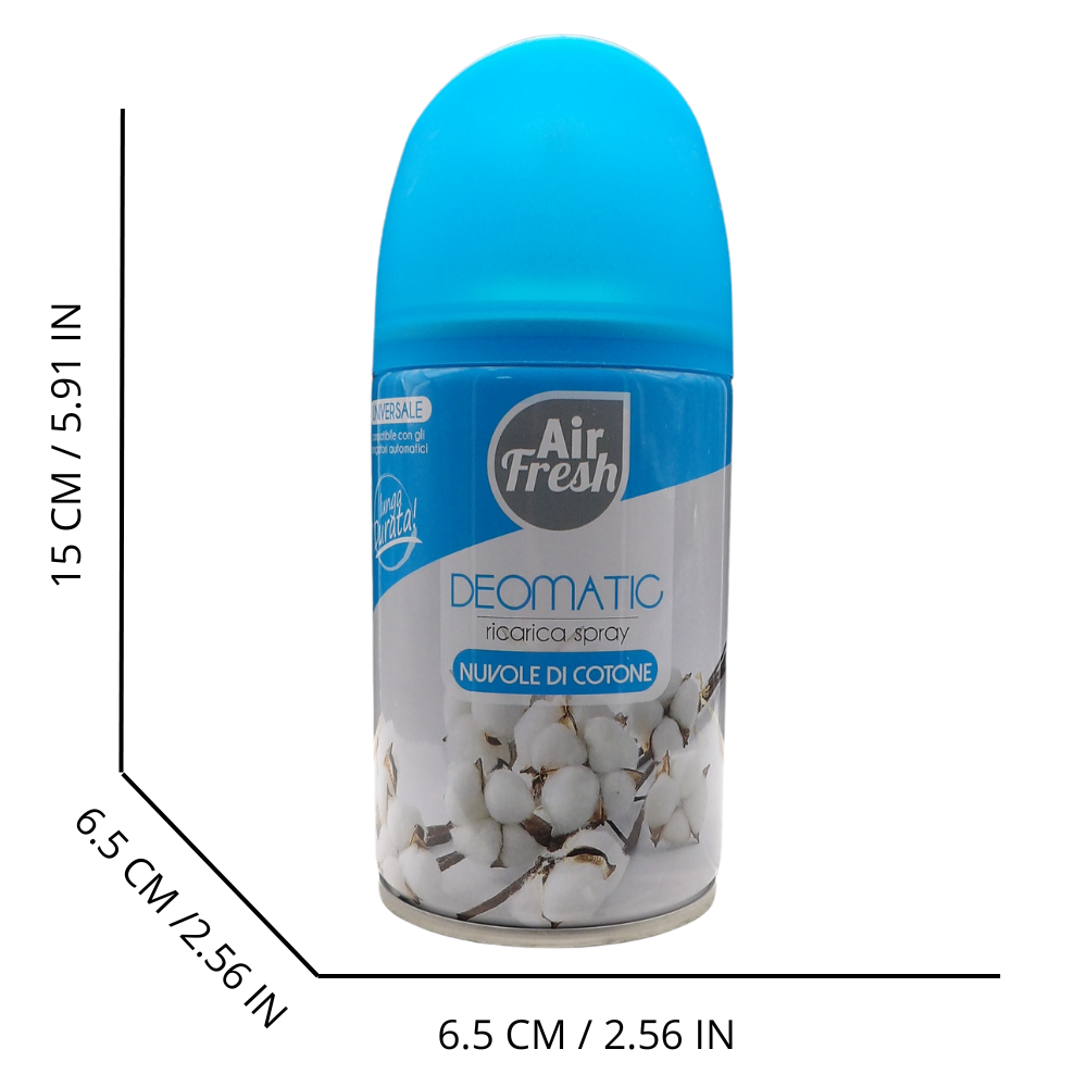 AIR FRESH Ricarica Spray Compatibile con gli Erogatori Automatici, Ideato per Donare ai Tuoi Ambienti un Piacevole Profumo, 250ml, Disponibile in Diverse Fragranze (Nuvole di Cotone)