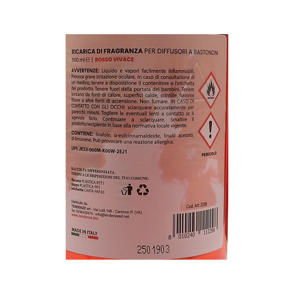 AIR FRESH Ricarica Per Diffusore a Bastoncini, Disponibile In Diverse Fragranze Corpose Ed Avvolgenti. Ideale Per Profumare Tutti Gli Ambienti 500ml (ROSSO VIVACE)