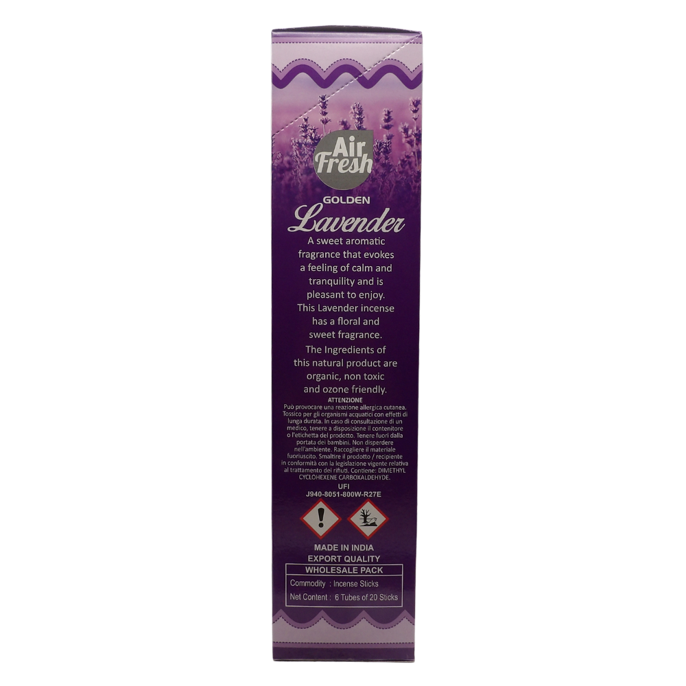 AIR FRESH Incenso Aromatico, Ottenuto Da Miscele Di Erbe, Cortecce, Fiori Ed Essenza Profumate. Ottimo Per Profumare Ambienti. Confezione Da 6 Astucci Da 20 Stick Ognuno (LAVANDA)