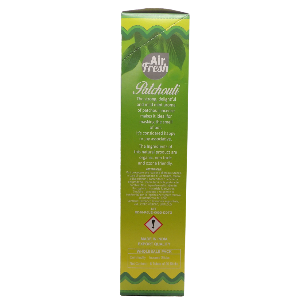 AIR FRESH Incenso Aromatico, Ottenuto Da Miscele Di Erbe, Cortecce, Fiori Ed Essenza Profumate. Ottimo Per Profumare Ambienti. Confezione Da 6 Astucci Da 20 Stick Ognuno (PATCHOULI)