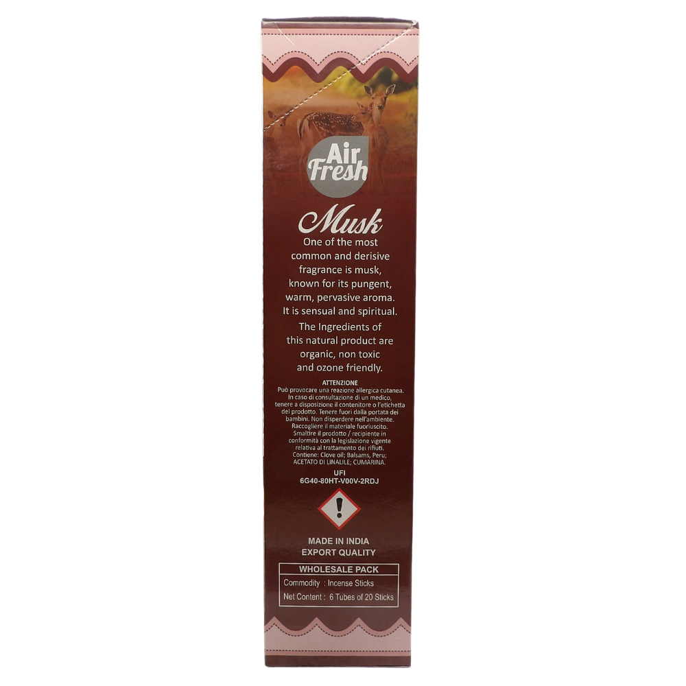 AIR FRESH Incenso Aromatico, Ottenuto Da Miscele Di Erbe, Cortecce, Fiori Ed Essenza Profumate. Ottimo Per Profumare Ambienti. Confezione Da 6 Astucci Da 20 Stick Ognuno (MUSCHIO)
