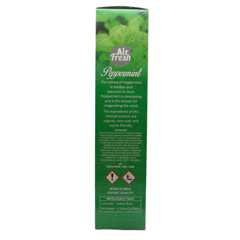 AIR FRESH Incenso Aromatico, Ottenuto Da Miscele Di Erbe, Cortecce, Fiori Ed Essenza Profumate. Ottimo Per Profumare Ambienti. Confezione Da 6 Astucci Da 20 Stick Ognuno (MENTA PIPERITA)