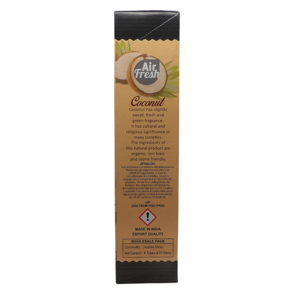 AIR FRESH Incenso Aromatico, Ottenuto Da Miscele Di Erbe, Cortecce, Fiori Ed Essenza Profumate. Ottimo Per Profumare Ambienti. Confezione Da 6 Astucci Da 20 Stick Ognuno (COCCO)