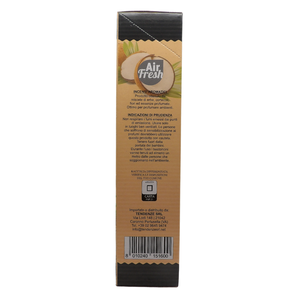 AIR FRESH Incenso Aromatico, Ottenuto Da Miscele Di Erbe, Cortecce, Fiori Ed Essenza Profumate. Ottimo Per Profumare Ambienti. Confezione Da 6 Astucci Da 20 Stick Ognuno (COCCO)