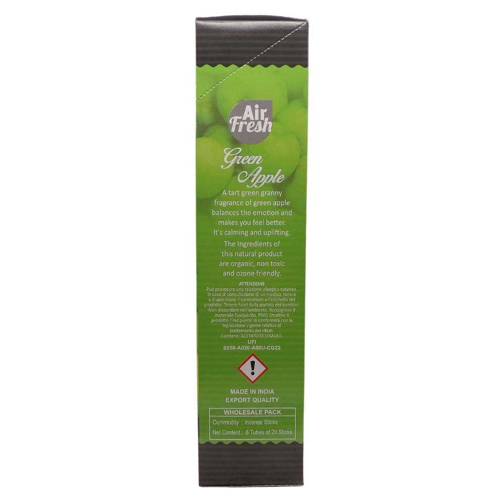 AIR FRESH Incenso Aromatico, Ottenuto Da Miscele Di Erbe, Cortecce, Fiori Ed Essenza Profumate. Ottimo Per Profumare Ambienti. Confezione Da 6 Astucci Da 20 Stick Ognuno (MELA VERDE)