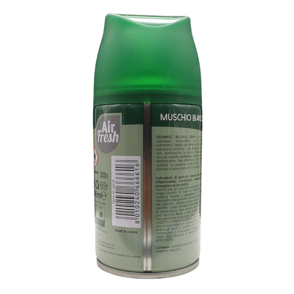 AIR FRESH Ricarica Spray Compatibile con gli Erogatori Automatici, Ideato per Donare ai Tuoi Ambienti un Piacevole Profumo, 250ml, Disponibile in Diverse Fragranze (Muschio Bianco)