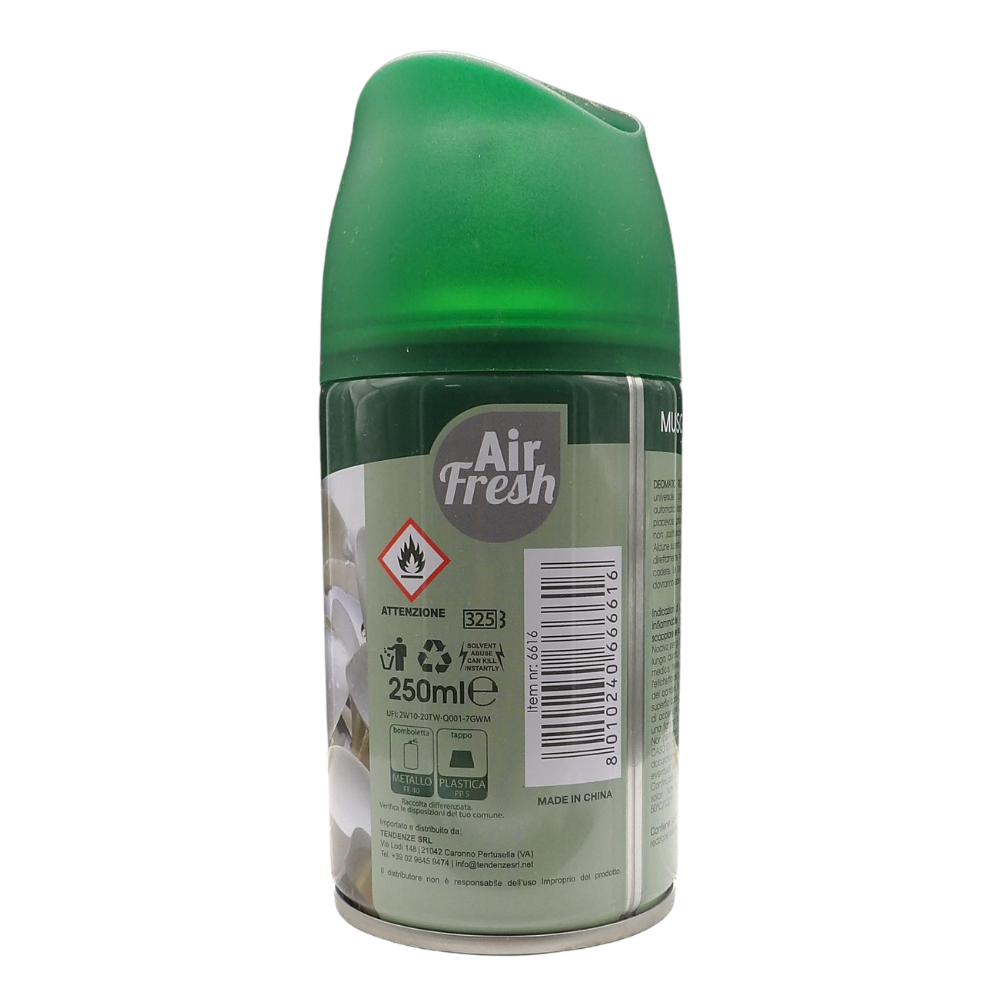 AIR FRESH Ricarica Spray Compatibile con gli Erogatori Automatici, Ideato per Donare ai Tuoi Ambienti un Piacevole Profumo, 250ml, Disponibile in Diverse Fragranze (Muschio Bianco)