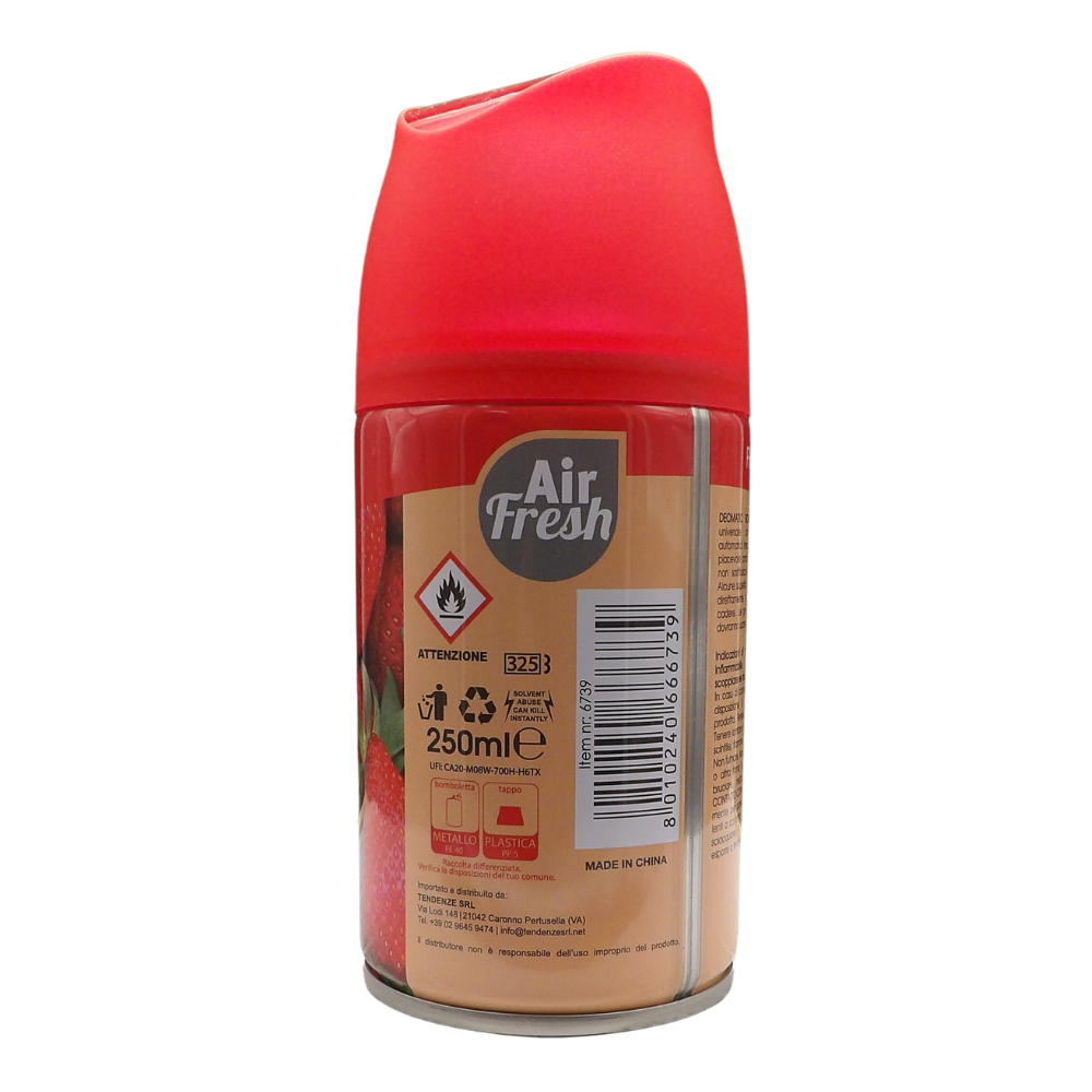 AIR FRESH Ricarica Spray Compatibile con gli Erogatori Automatici, Ideato per Donare ai Tuoi Ambienti un Piacevole Profumo, 250ml, Disponibile in Diverse Fragranze (Fragola)