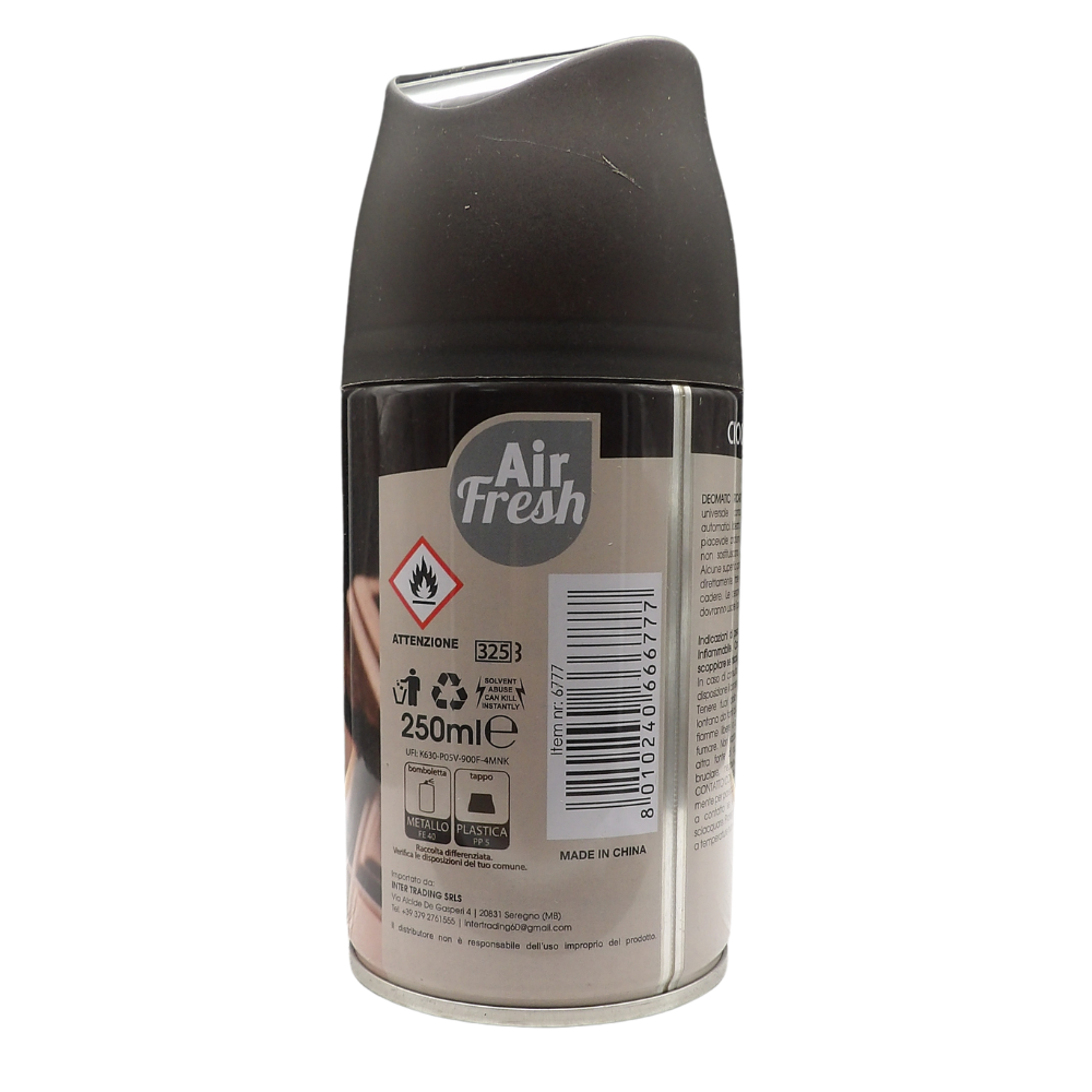 AIR FRESH Ricarica Spray Compatibile con gli Erogatori Automatici, Ideato per Donare ai Tuoi Ambienti un Piacevole Profumo, 250ml, Disponibile in Diverse Fragranze (Cioccolato)