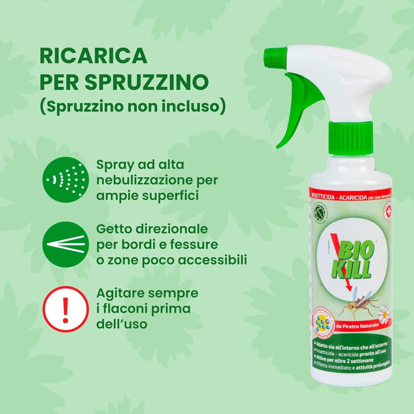 BIOKILL Insetticida Acaricida Microincapsulato No Gas, Ideale per Interni ed Esterni, Non Macchia e Non Lascia Odore, Resiste all’Umidità e ai Raggi Solari, Ricarica da 1000ml