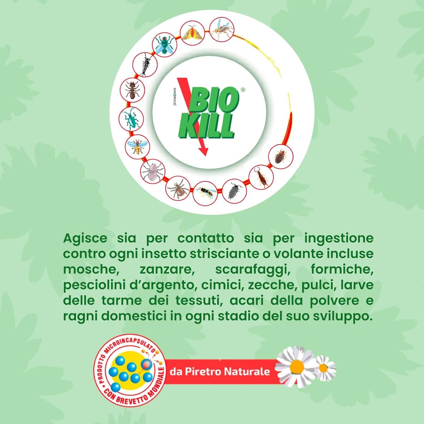 BIO KILL Insetticida Acaricida Microincapsulato No Gas, Ideale per Interni ed Esterni, Non Macchia e Non Lascia Odore, Resiste all’Umidità e ai Raggi Solari