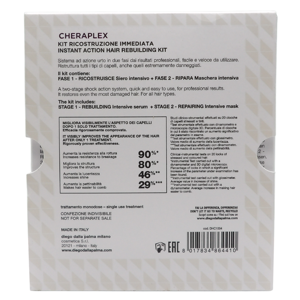 DIEGO DELLA PALMA  "Cheraplex Kit Ricostruzione Immediata"Si tratta di un sistema d'azione d'urto in due fasi, composto da due fiale monodose da 15 ml, per un totale di M15X2.