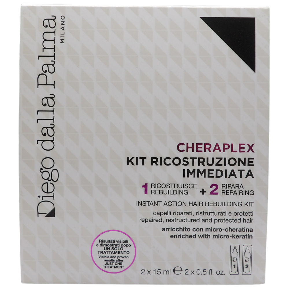 DIEGO DELLA PALMA  "Cheraplex Kit Ricostruzione Immediata"Si tratta di un sistema d'azione d'urto in due fasi, composto da due fiale monodose da 15 ml, per un totale di M15X2.