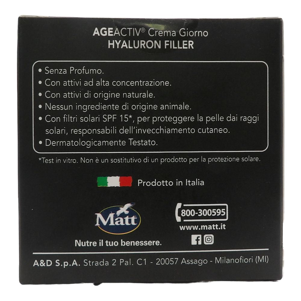 MATT, AGEACTIV Hyaluron Filler, Crema Viso e Collo, con Acido Ialuronico Puro e Filtri Solari SPF 15, Tripla Idratazione, Rigenera e Rimodella la Pelle, Protegge dai Raggi Solari, Senza Profumo, 50 ml