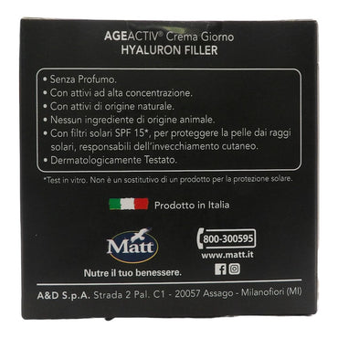 MATT, AGEACTIV Hyaluron Filler, Crema Viso e Collo, con Acido Ialuronico Puro e Filtri Solari SPF 15, Tripla Idratazione, Rigenera e Rimodella la Pelle, Protegge dai Raggi Solari, Senza Profumo, 50 ml