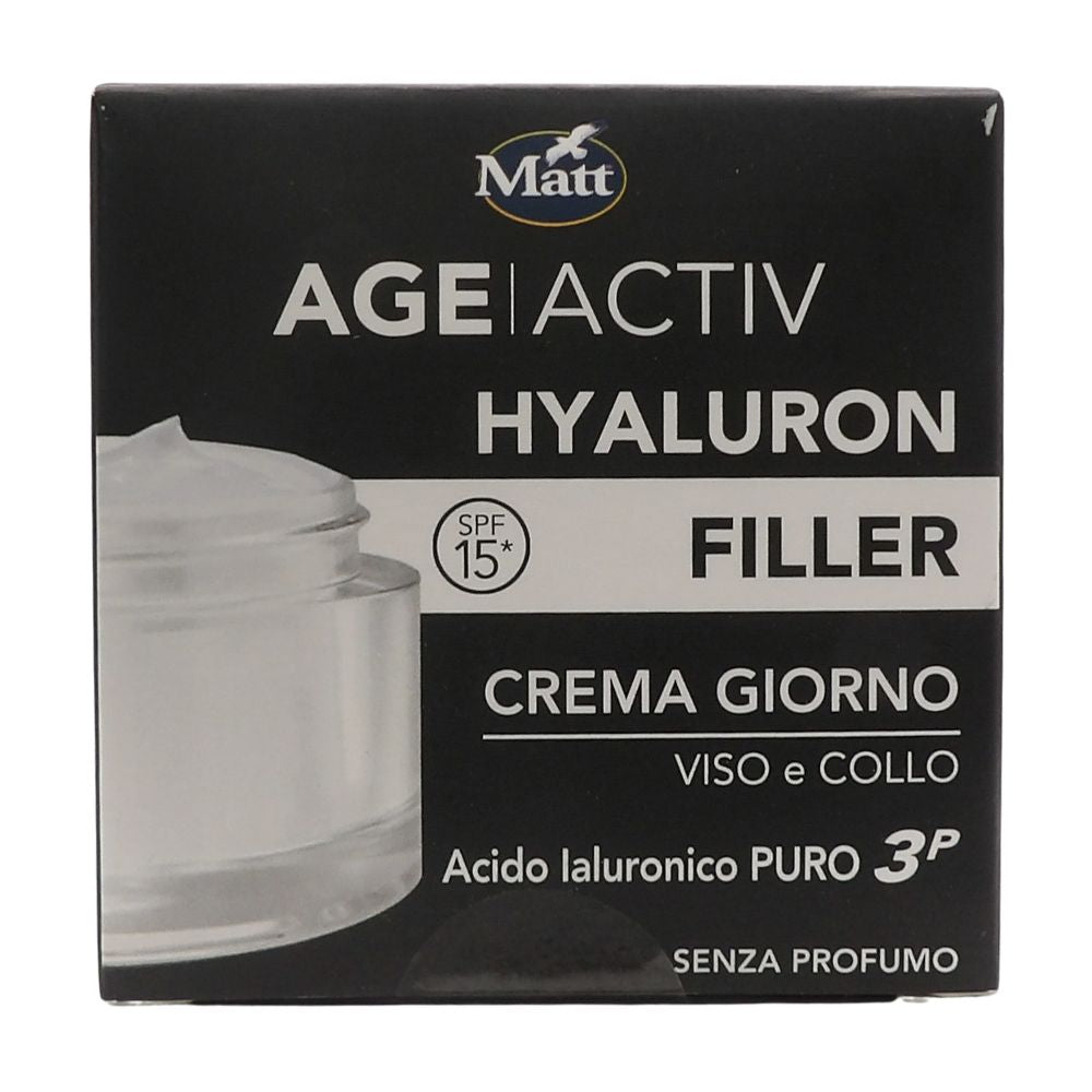 MATT, AGEACTIV Hyaluron Filler, Crema Viso e Collo, con Acido Ialuronico Puro e Filtri Solari SPF 15, Tripla Idratazione, Rigenera e Rimodella la Pelle, Protegge dai Raggi Solari, Senza Profumo, 50 ml