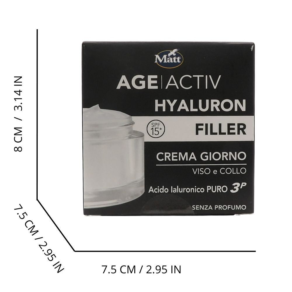 MATT, AGEACTIV Hyaluron Filler, Crema Viso e Collo, con Acido Ialuronico Puro e Filtri Solari SPF 15, Tripla Idratazione, Rigenera e Rimodella la Pelle, Protegge dai Raggi Solari, Senza Profumo, 50 ml