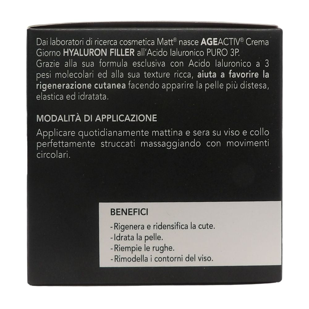 MATT, AGEACTIV Hyaluron Filler, Crema Viso e Collo, con Acido Ialuronico Puro e Filtri Solari SPF 15, Tripla Idratazione, Rigenera e Rimodella la Pelle, Protegge dai Raggi Solari, Senza Profumo, 50 ml