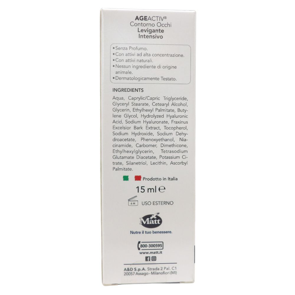 MATT, AGEACTIV Hyaluron Filler, Contorno Occhi con Acido Ialuronico Puro e Tensor-HY, Tripla Idratazione, Effetto Lifting, Contrasta Rughe, Borse e Occhiaie, Senza Profumo, 15 ml
