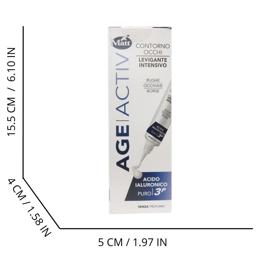 MATT, AGEACTIV Hyaluron Filler, Contorno Occhi con Acido Ialuronico Puro e Tensor-HY, Tripla Idratazione, Effetto Lifting, Contrasta Rughe, Borse e Occhiaie, Senza Profumo, 15 ml