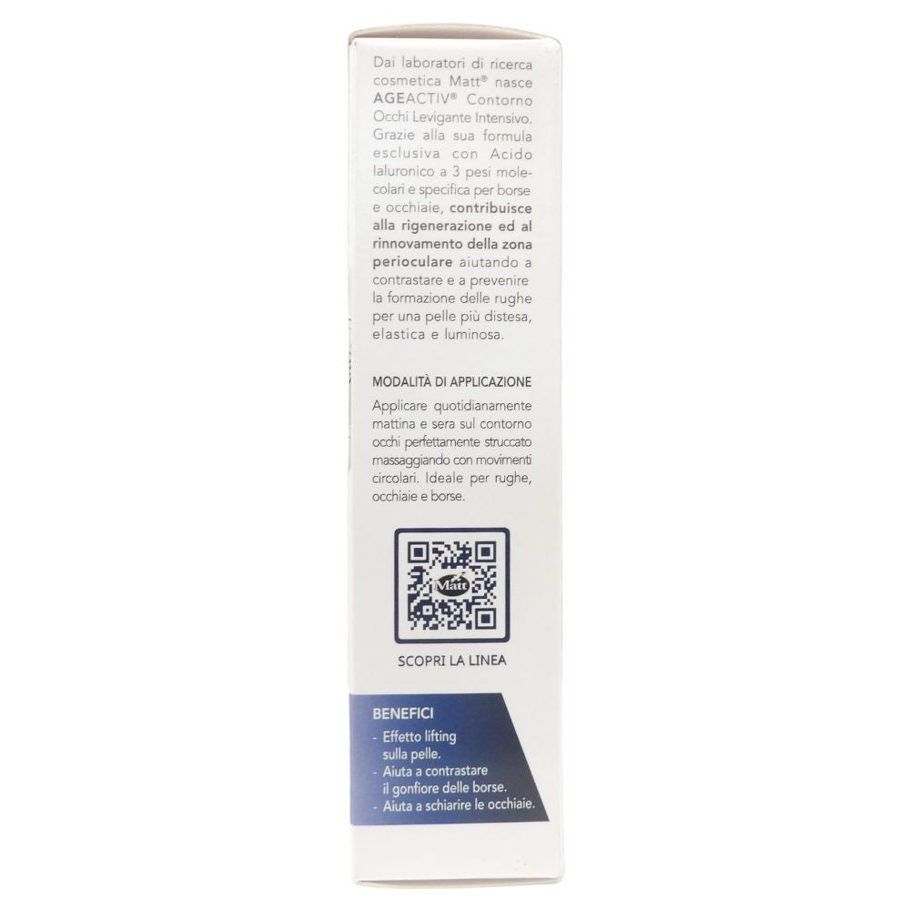 MATT, AGEACTIV Hyaluron Filler, Contorno Occhi con Acido Ialuronico Puro e Tensor-HY, Tripla Idratazione, Effetto Lifting, Contrasta Rughe, Borse e Occhiaie, Senza Profumo, 15 ml