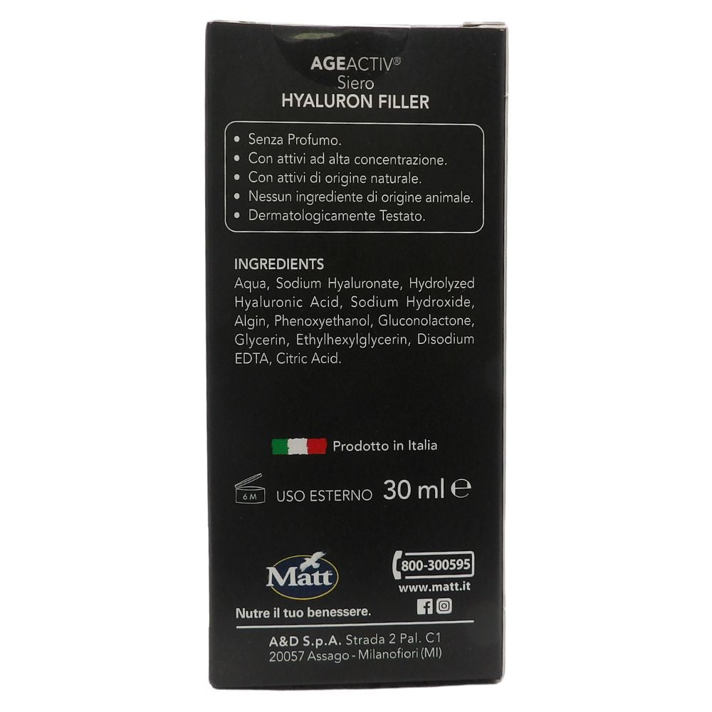 MATT, AGEACTIV Hyaluron Filler, Siero Viso e Collo con Acido Ialuronico Puro, Tripla Idratazione, Rigenera e Rimpolpa la Pelle, Riempie le Rughe, Rimodella i Contorni del Viso, Senza Profumo, 30 ml