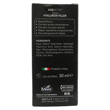 MATT, AGEACTIV Hyaluron Filler, Siero Viso e Collo con Acido Ialuronico Puro, Tripla Idratazione, Rigenera e Rimpolpa la Pelle, Riempie le Rughe, Rimodella i Contorni del Viso, Senza Profumo, 30 ml
